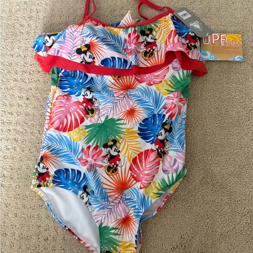Disney One Piece Swim Red and Blue Tropical Design